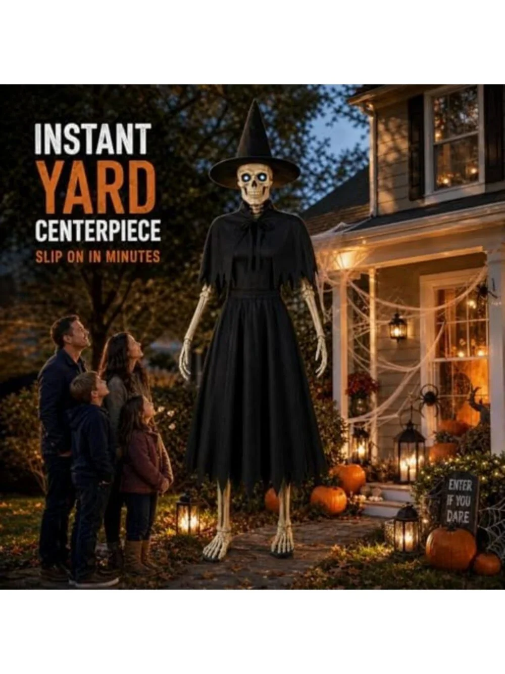 4-Piece Black Witch Costume Set for Halloween Decor & 12 Ft Skeleton Display